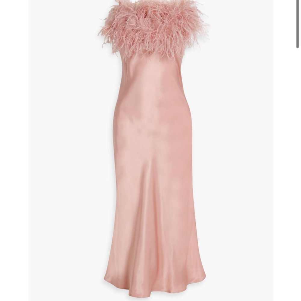 Elegant Pink Feather Trim Satin Gown